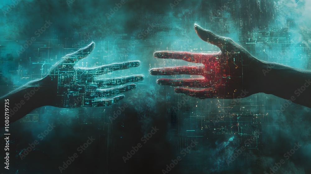 Fototapete conceptual representation of intertwined hands and circuits, fading in neon light, symbolizing a glo