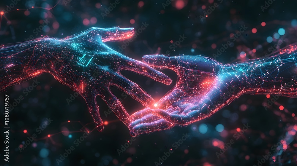 Poster Conceptual representation of intertwined hands and circuits, fading in neon light, symbolizing a global system reaching bankruptcy. No text, no logo, wide angle shot, 4k resolution, cinematic scene