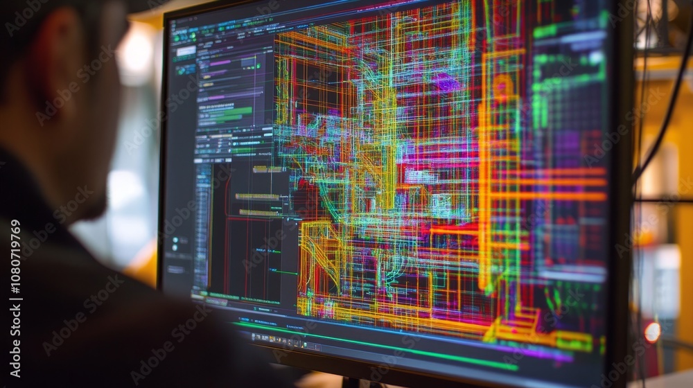 Poster close-up of a computer screen displaying a complex 3d cad design, with an engineer adjusting paramet