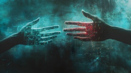 Conceptual representation of intertwined hands and circuits, fading in neon light, symbolizing a global system reaching bankruptcy. No text, no logo, wide angle shot, 4k resolution, cinematic scene