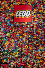 Obraz premium Lego logo surrounded by colorful Lego flowers in Lego store