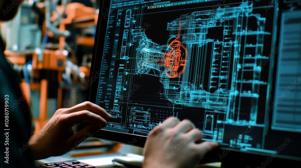 Poster close-up of a computer screen displaying a complex 3d cad design, with an engineer adjusting paramet