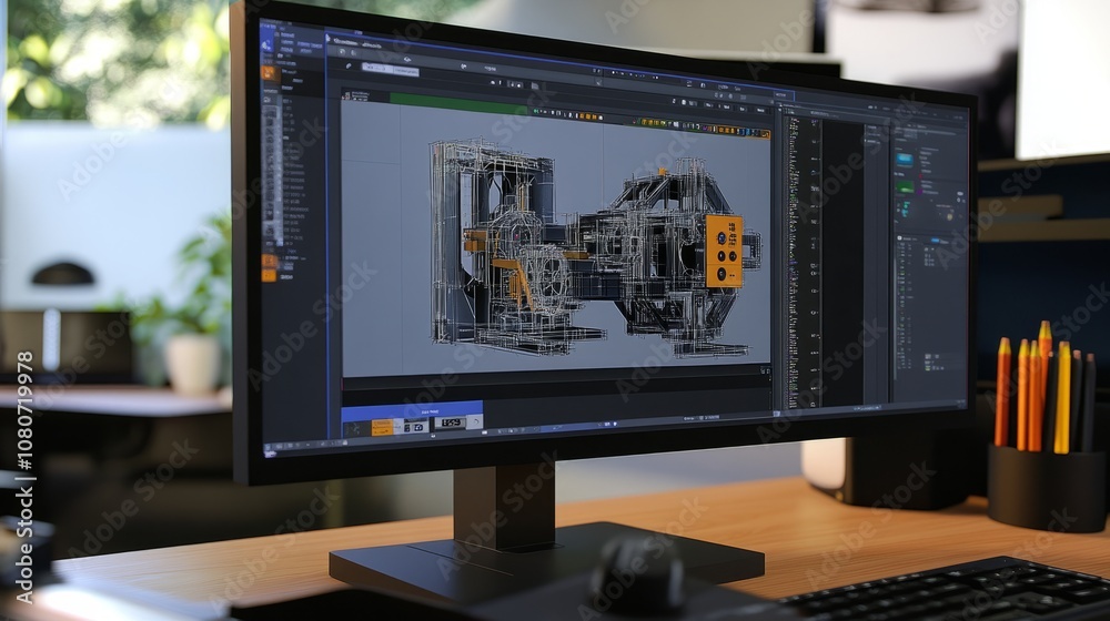 Poster close-up of an engineer's workstation with a 3d cad model displayed on a high-resolution screen.