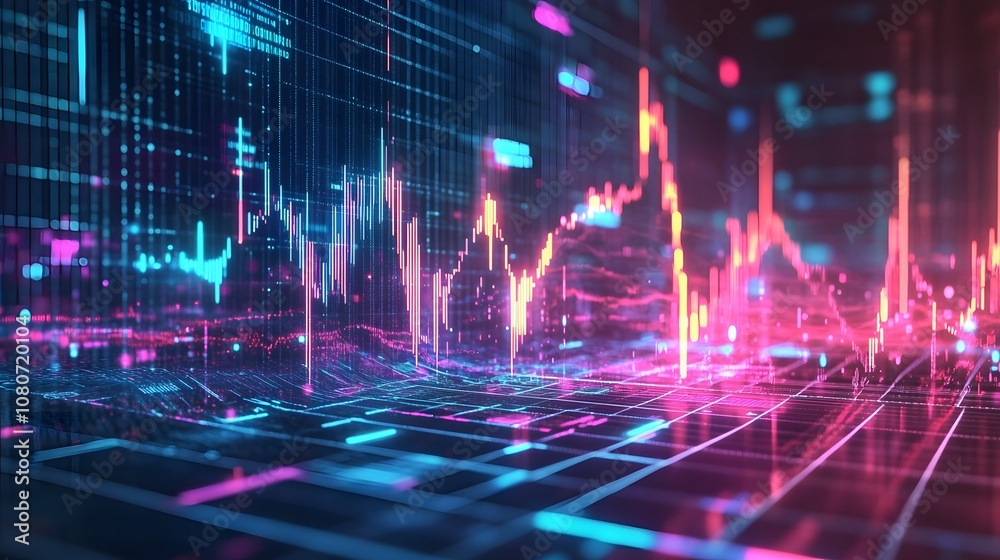 Poster An abstract representation of collapsing digital charts and graphs, set against a neon-lit, futuristic background symbolizing economic despair. No text, no logo, wide angle shot, 4k resolution,