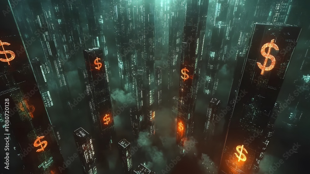 Poster a high-tech, hyper-futuristic landscape of glitching currency symbols, showing the fragility of glob