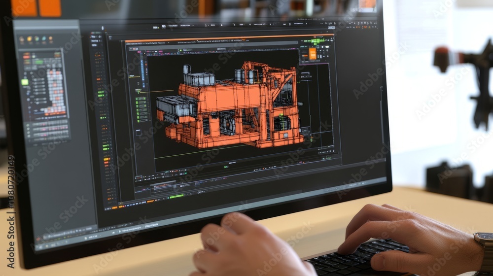Poster close-up of cad software showing a 3d model design on the screen, with an engineer's hand navigating