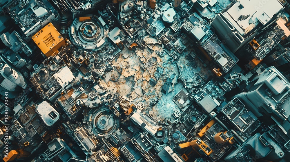 Poster an abstract landscape of fractured financial icons and glitching maps, symbolizing a hyper-futuristi