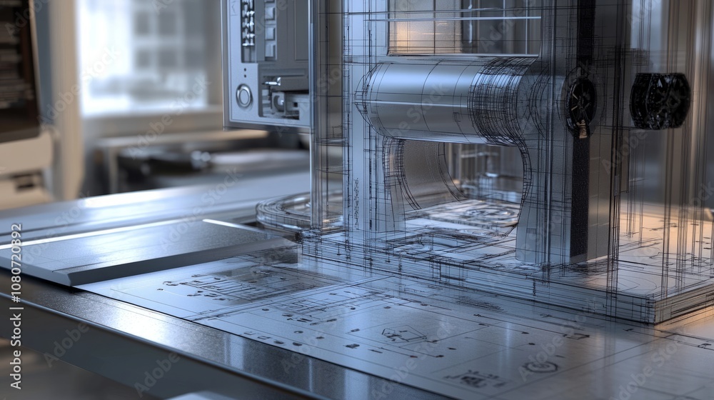 Poster detailed view of a cad workstation, engineer designing a complex 3d structure with precise measureme