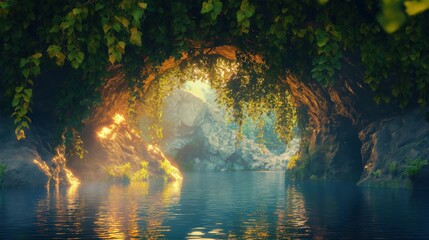 Fototapeta premium A tranquil cave with lush greenery and sunlight reflecting on the calm water surface.
