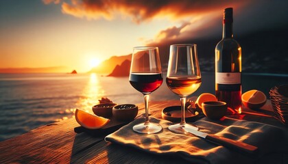 Enjoying sunset views with wine and snacks overlooking the ocean in a tranquil coastal setting