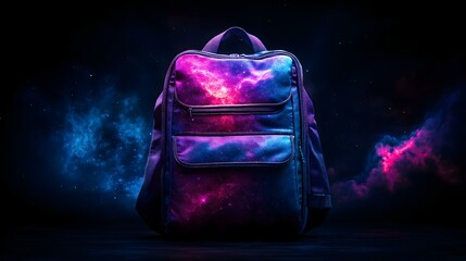 A vibrant galaxy-themed backpack against a dark cosmic background.