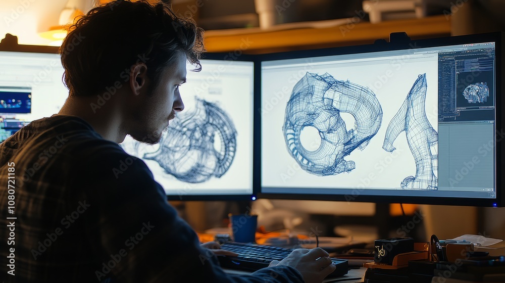 Poster engineer focused on creating a 3d cad model on a dual-monitor computer setup, intricate designs visi