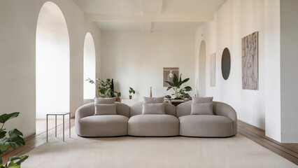 Modern Minimalist Living Room with Curved Beige Sofa and Natural Light