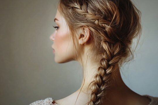 Profile of model showing french braid hairstyle, showcasing hair care and beauty trends