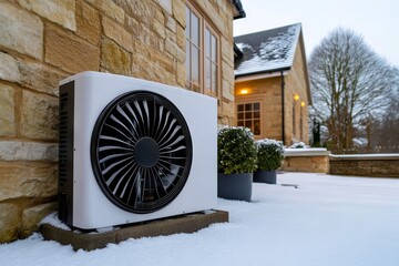Close-up photo of air source heat pump outside a house during winter