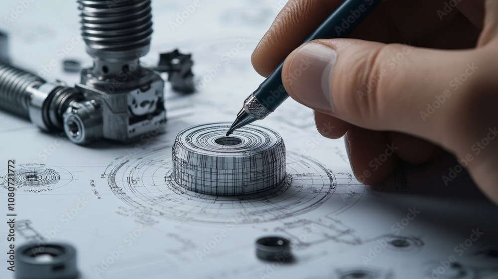 Poster engineer working on cad modeling software, creating a precise 3d design of a mechanical component.