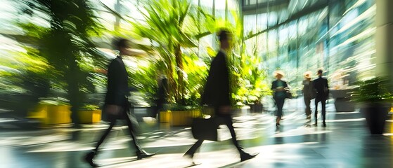 Blurred Motion of Business Professionals Walking Through a Lush Indoor Garden in a Modern Office Space with Natural Light and Greenery Surrounding Them
