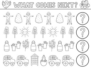 What comes next black and white activity page for kids with cute farm characters. Complete the pattern puzzle. Logical game in outline. Vector illustration