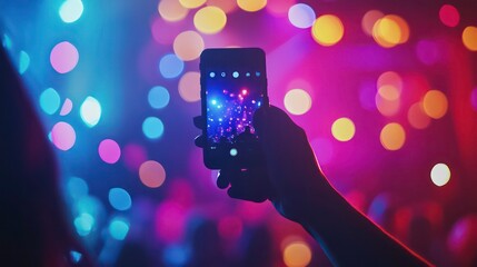 A person capturing a live concert on their smartphone, with a bokeh background of warm and cool lights. Concept: Technology and live experiences