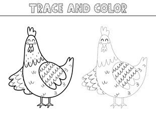 Trace and color black and white game for kids with a cute hen. Activity page in outline with a funny farm character. Great for coloring book. Vector illustration