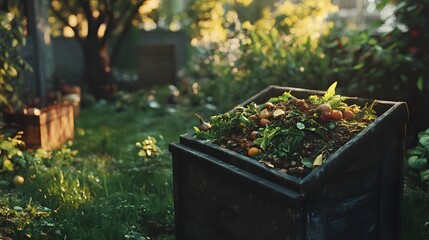 A compost bin in a backyard garden, filled with vegetable scraps and green waste, highlighting sustainable waste management. Cinematic Scene, 4k resolution, cinematic scene