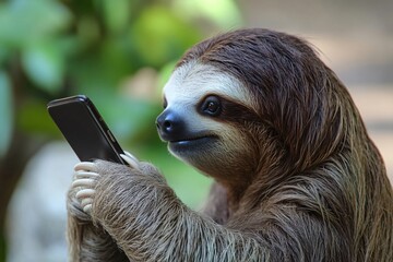 Fototapeta premium Sloth leisurely types on a smartphone in the jungle, capturing the slow paced nature of the animal in a fast paced tech world
