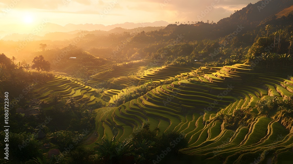 Poster a hyper-realistic panoramic view of terraced rice fields cascading down a mountain under a soft, gol