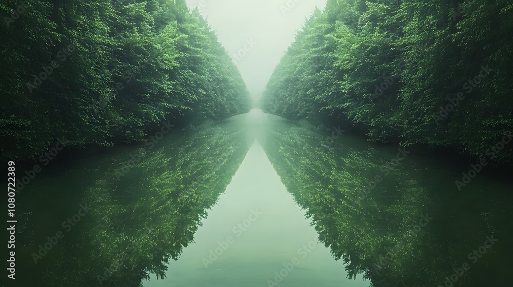 Poster A symmetrical view of a winding river flowing through a dense, emerald-green forest with perfect reflections on the water, giving a surreal quality. No text, no logo, wide angle shot, Cinematic