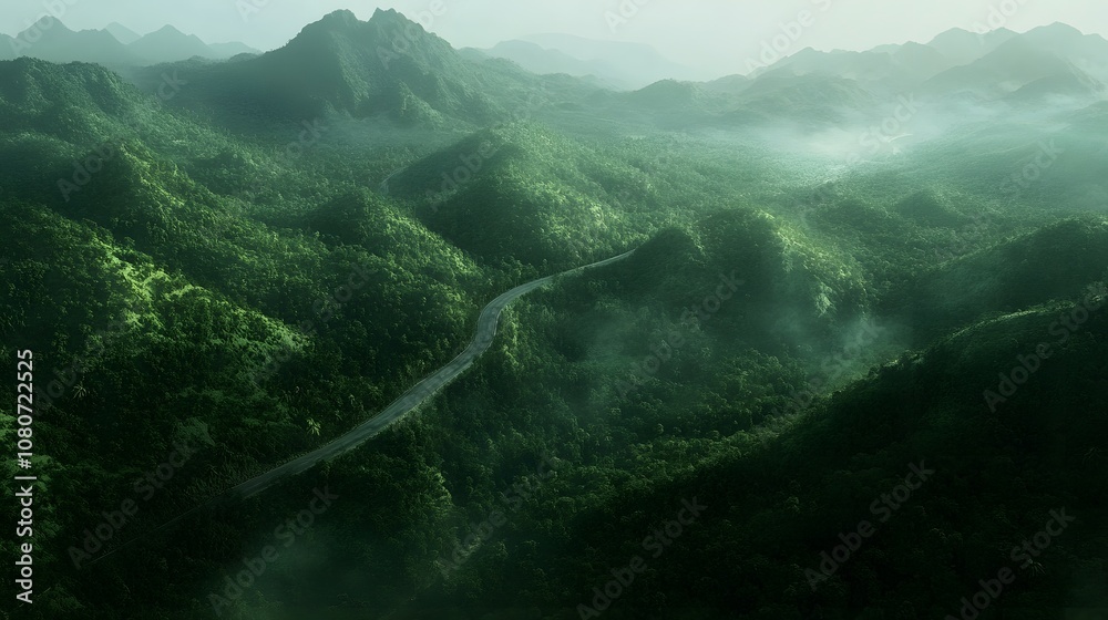 Poster an aerial view of a winding mountain road cutting through dense green forests, with sharp curves add