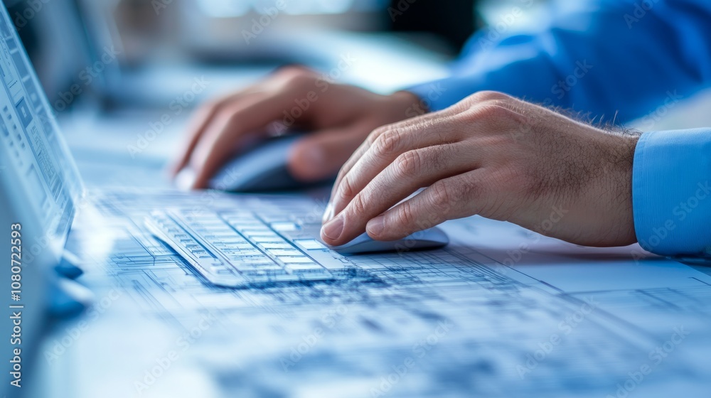 Poster hands of an engineer on a mouse and keyboard, designing a complex 3d model in cad software, screen i