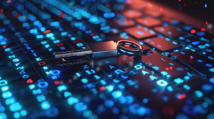 Digital cybersecurity concept with key on illuminated keyboard and binary code
