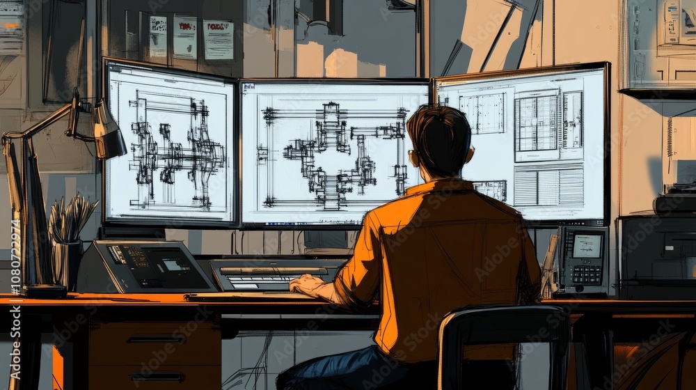 Poster modern engineering office with an engineer designing mechanical parts using cad software on dual scr