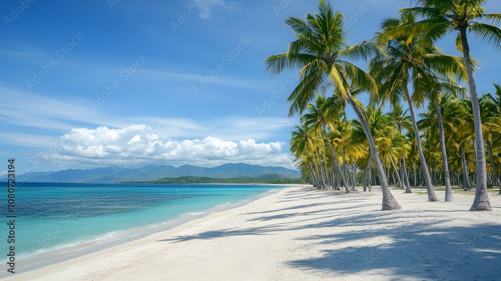 Poster a panoramic beach view with palm trees lining a pristine white shore, stretching symmetrically along
