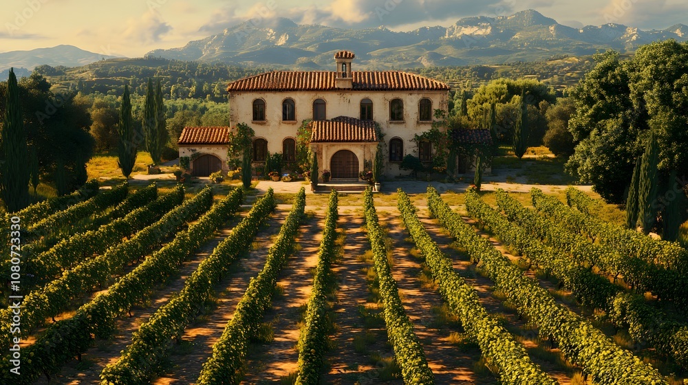 Poster A high perspective of a rustic villa in a vineyard, with symmetrical rows of grapevines stretching toward the horizon. No text, no logo, wide angle shot, Cinematic Scene, 4k resolution, cinematic