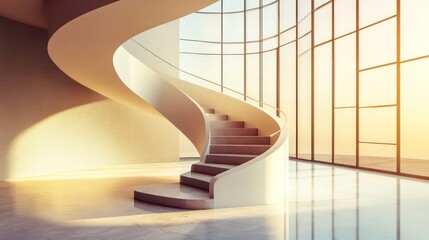 Modern spiral staircase in a contemporary building with large windows and sunset light.