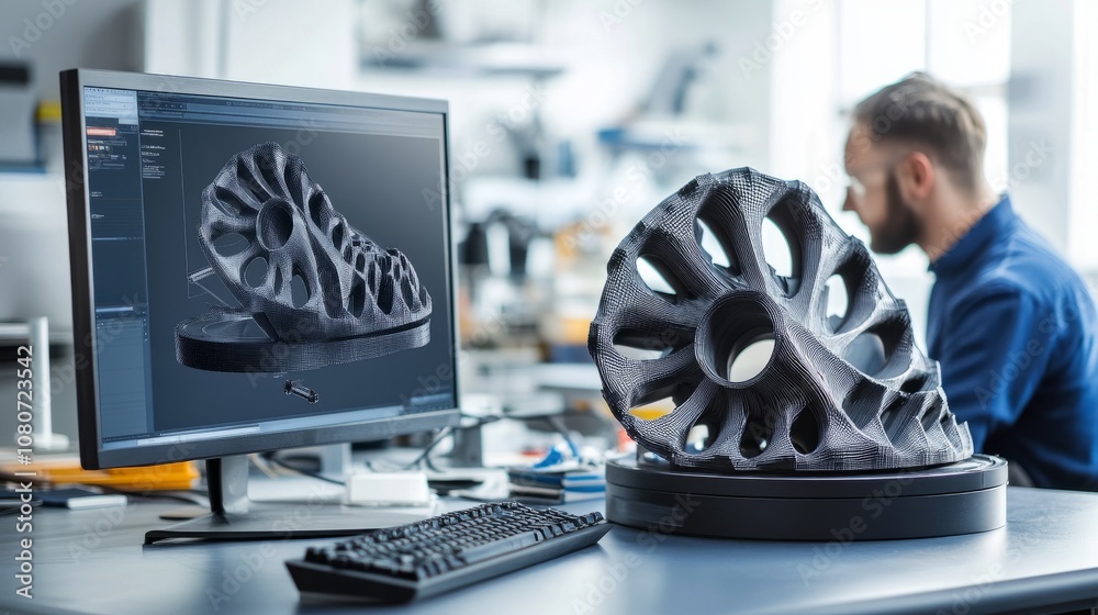 Poster professional engineer working on a computer with 3d cad models displayed, analyzing detailed parts i