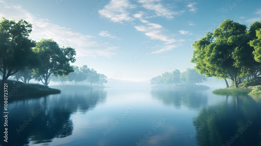 Poster a high perspective view of a calm lake surrounded by symmetrical tree-lined shores, capturing a hype