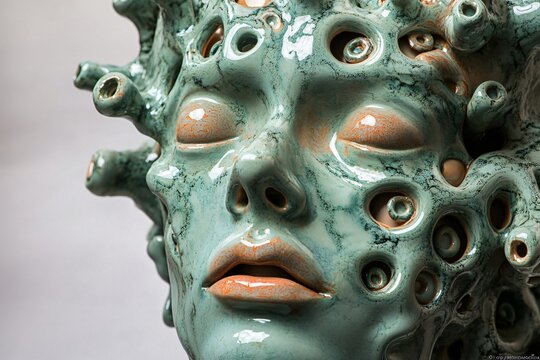 Close up of a glazed ceramic sculpture, showcasing intricate details of a surreal face merging with coral like textures