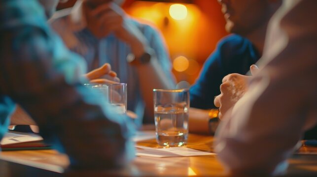 A team of seasoned veterans discussing their strategic approach determined to maintain their winning streak at the popular nonalcoholic pub trivia event.