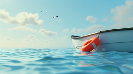 Rescue boat on tranquil waters with life buoy, prepared for action, surrounded by serene blue sea and distant horizon, with seagulls flying overhead.