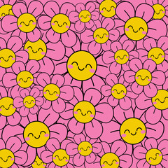 Seamless pattern with smiling daisies. Bright pink floral print for fabric, clothing, toys or home decor.