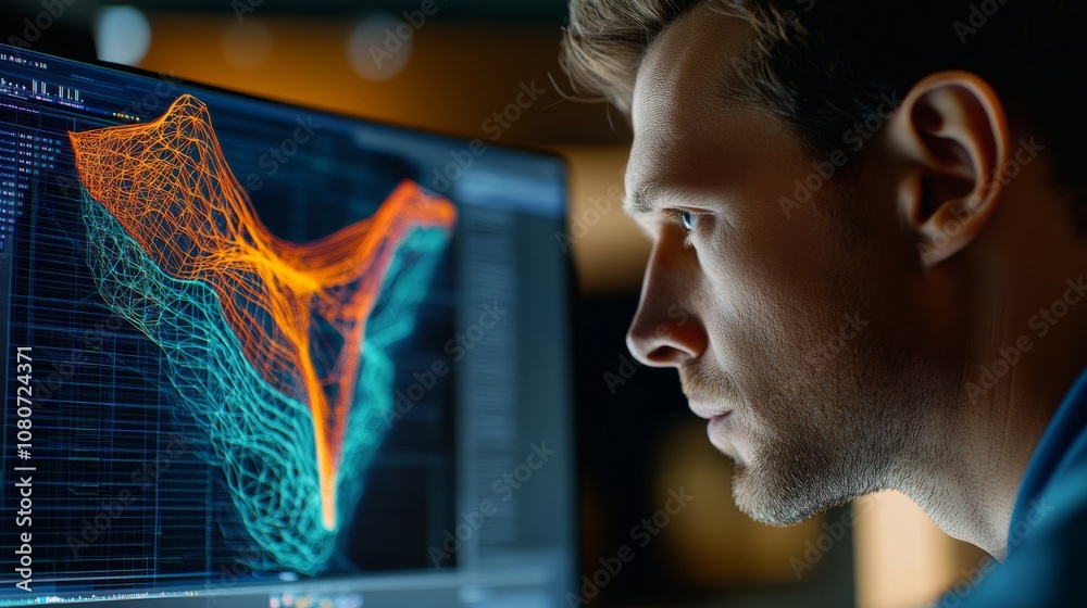 Poster side view of an engineer intensely focused on a 3d cad design, colorful wireframe structures on the 