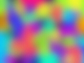 Colourful blurry abstract rainbow gradient background. Smooth transitions of vivid bright colours with noise. Trendy wallpaper with film grain effect.