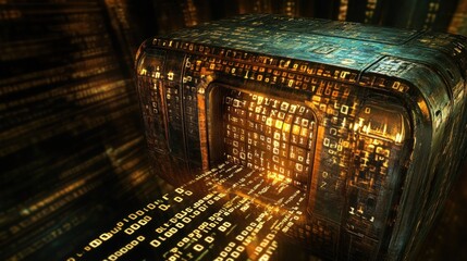 Digital data flow in futuristic server room with binary code visuals and glowing circuits.