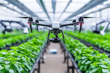 Fototapeta premium Using AI drones to monitor vertical farming crops, Sustainable hydroponics farming without carbon emissions by 2050,