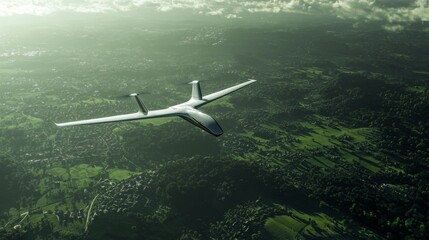 Advanced hydrogen drone flying over a green landscape, demonstrating sustainable technology and efficient propulsion