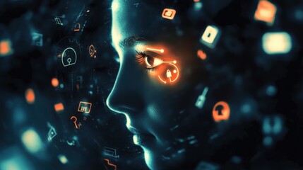 Digital face with circuit-like visuals and glowing symbols, representing futuristic technology.