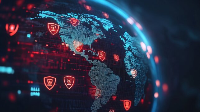 Digital globe displaying cybersecurity symbols in a futuristic world map setting.