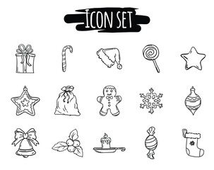 Black and white vector set of New Year and Christmas icons. Signs and symbols associated with holidays, winter, gifts and recreation. Simple hand drawn elements for decoration