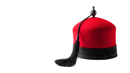 A red fez hat with a black tassel, isolated on a white background